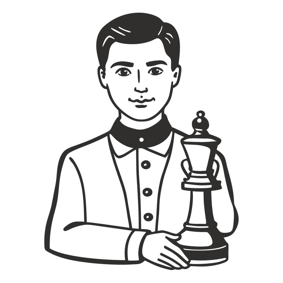 man holding chess piece strategy game concept, classic sketch illustration intellectual challenge and planning vector