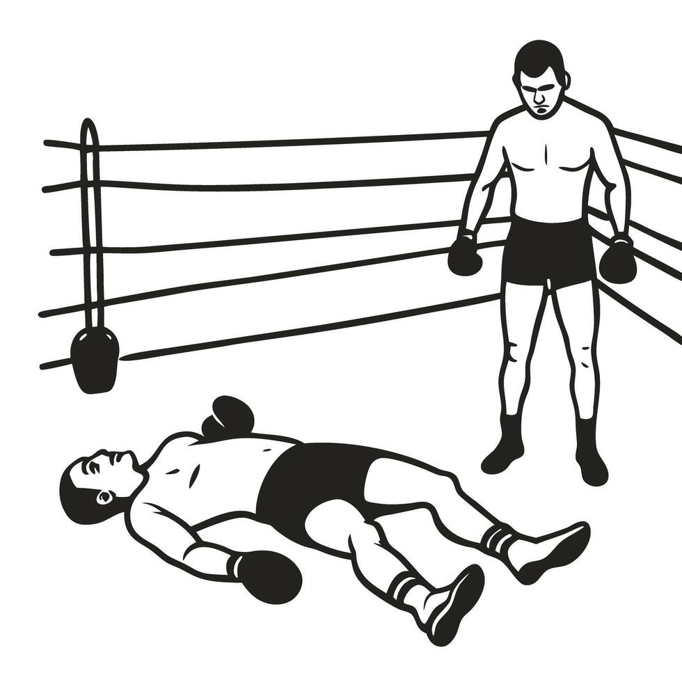 Boxing knockout fighter stands victorious over opponent sport, competition, combat, ring scene illustration vector