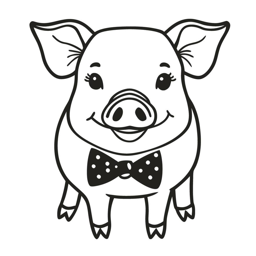 smiling pig in bow tie cute illustration, black and white farm animal, playful whimsical design vector