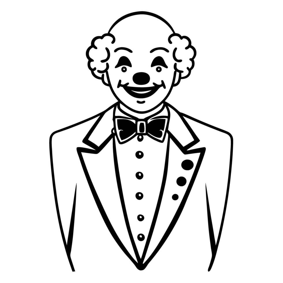black and white clown illustration with smiling face and bow tie in formal attire vector