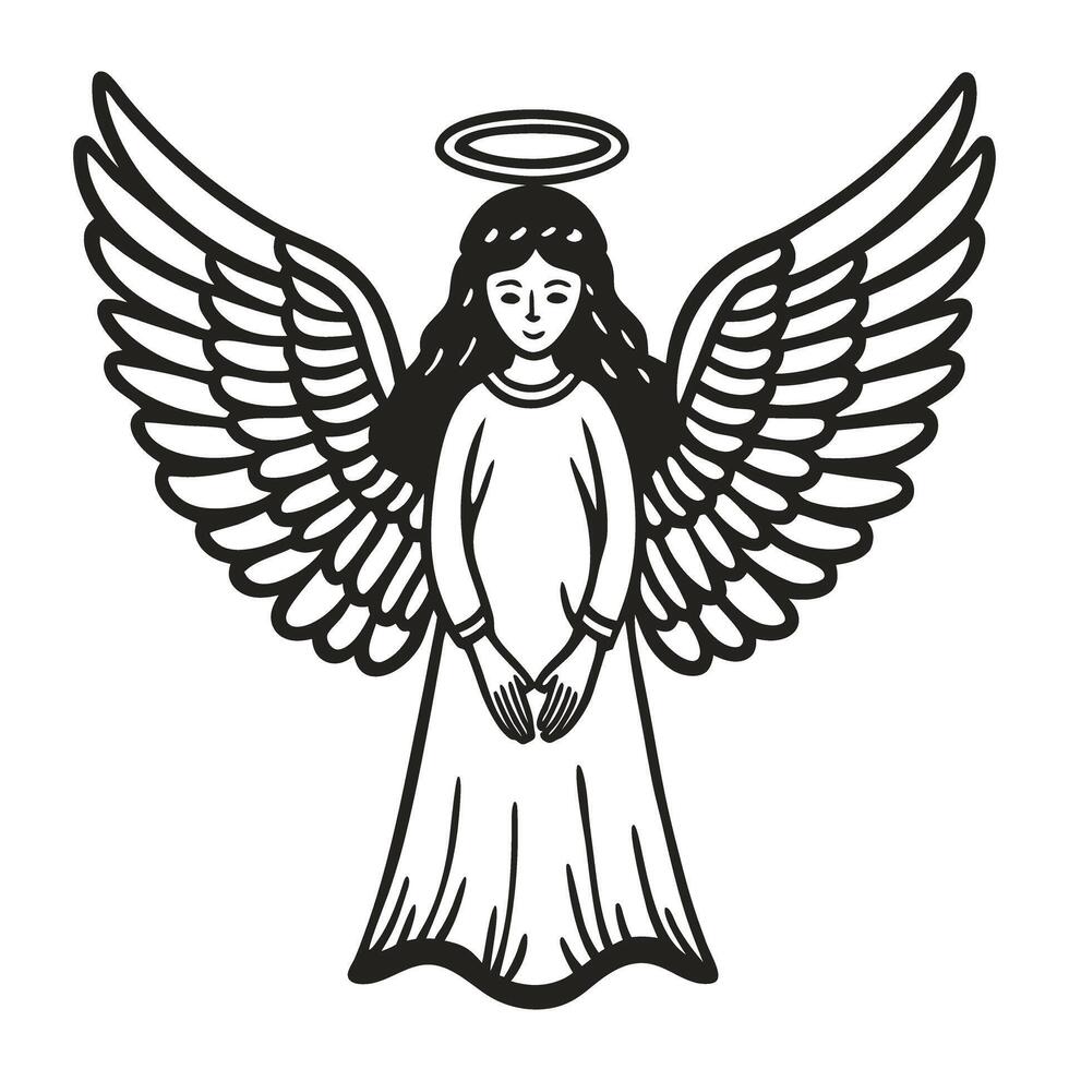 Angel with halo and wings illustration ethereal spiritual figure, serene design in black and white vector