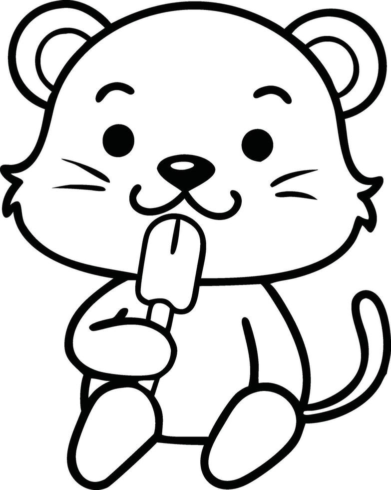 A cartoon mouse eating ice cream coloring page vector