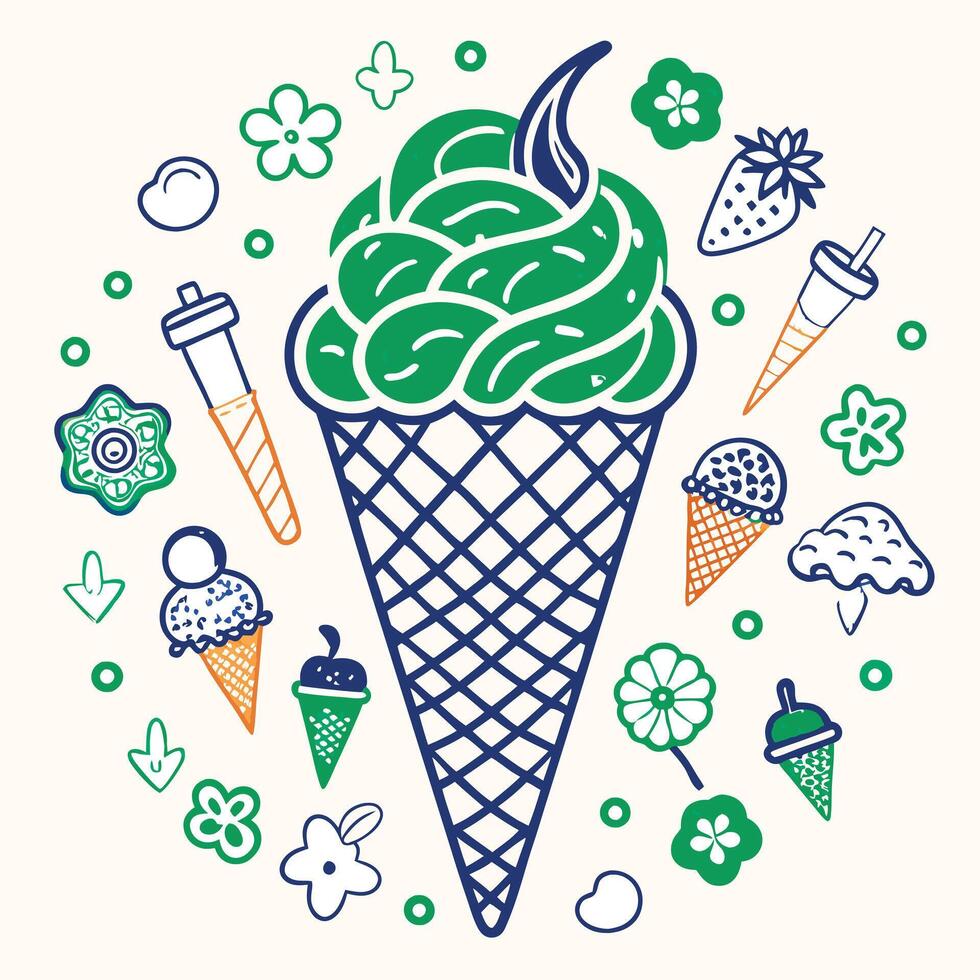 Ice cream with green and blue swirls in a waffle cone vector
