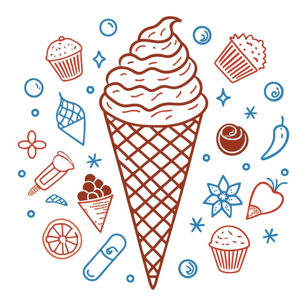 Ice cream and other food items in a waffle cone vector