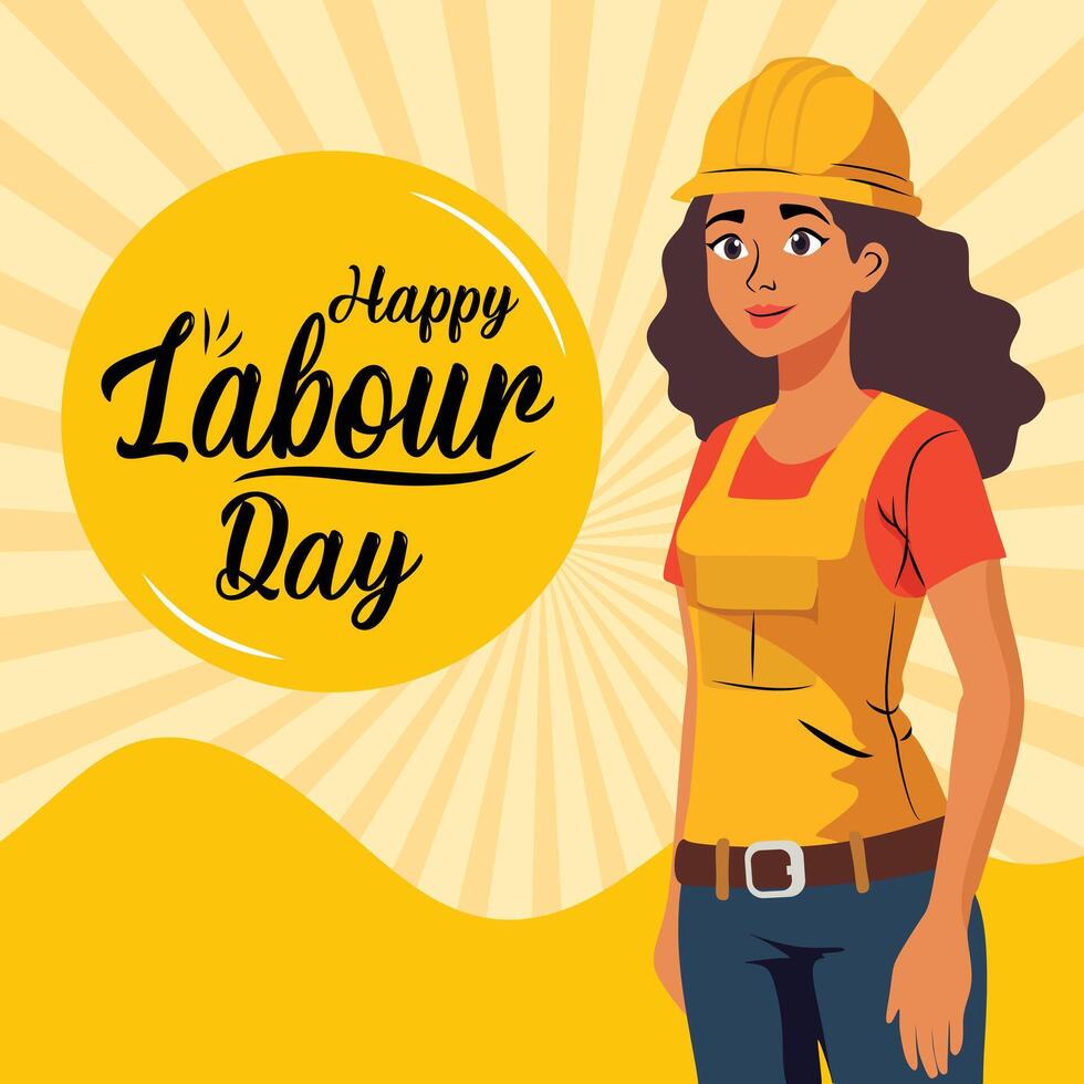 Happy Labour Day with Confident Female Engineer illustration banner design with yellow color vector