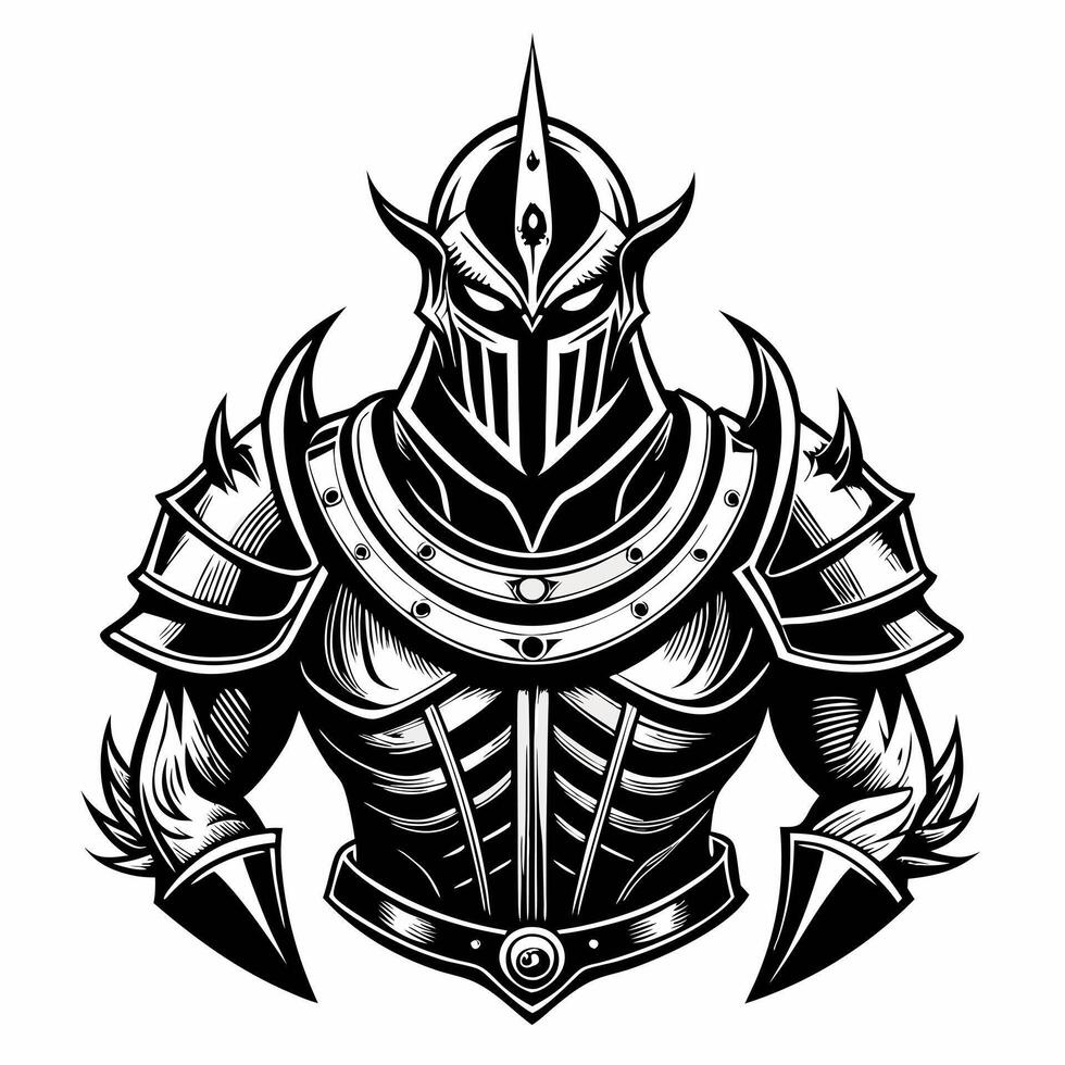Intricate Black and White Illustration of a Medieval Knight in Armor vector
