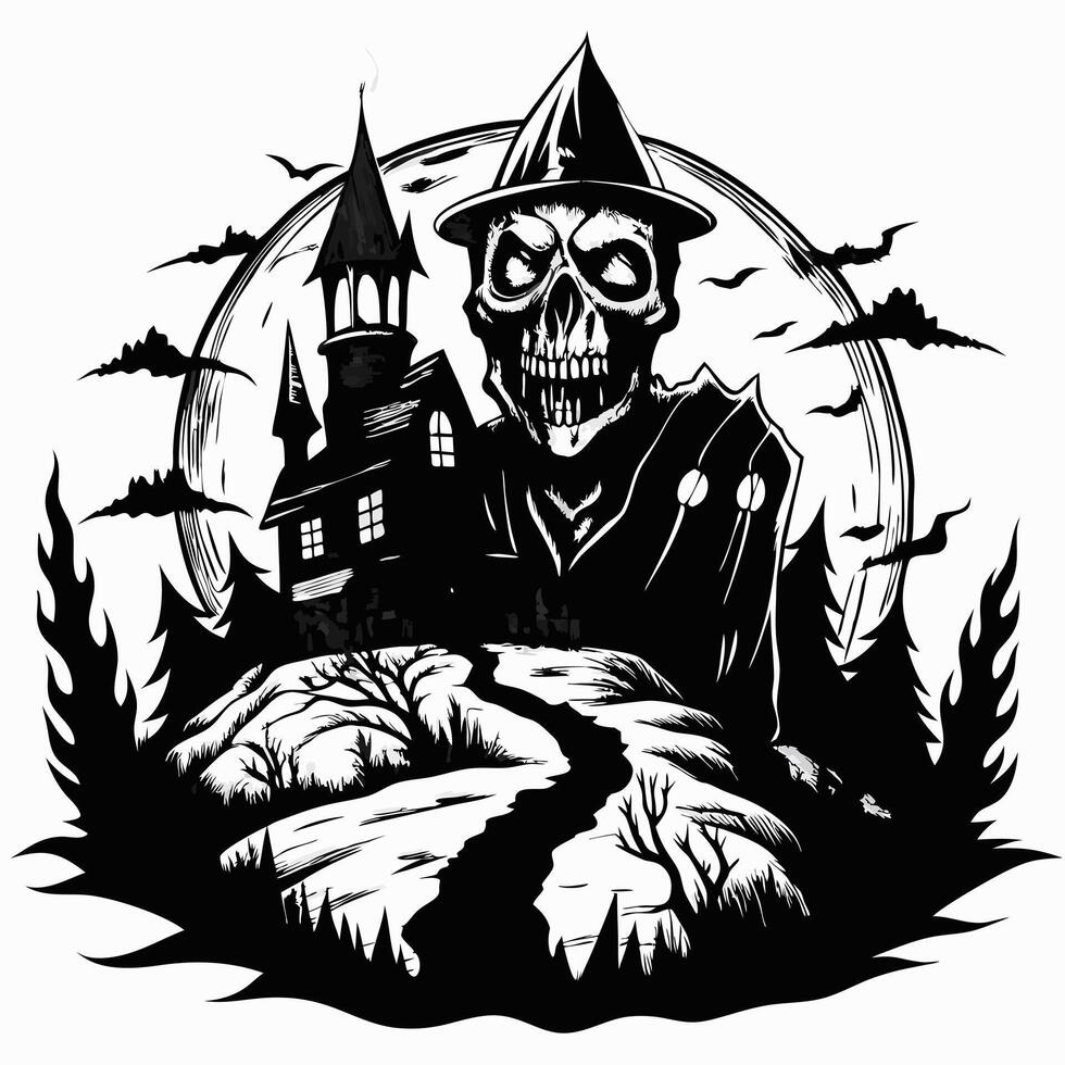 Spooky Gothic Scene with Haunted House and Skeleton Witch in Moonlit Night vector