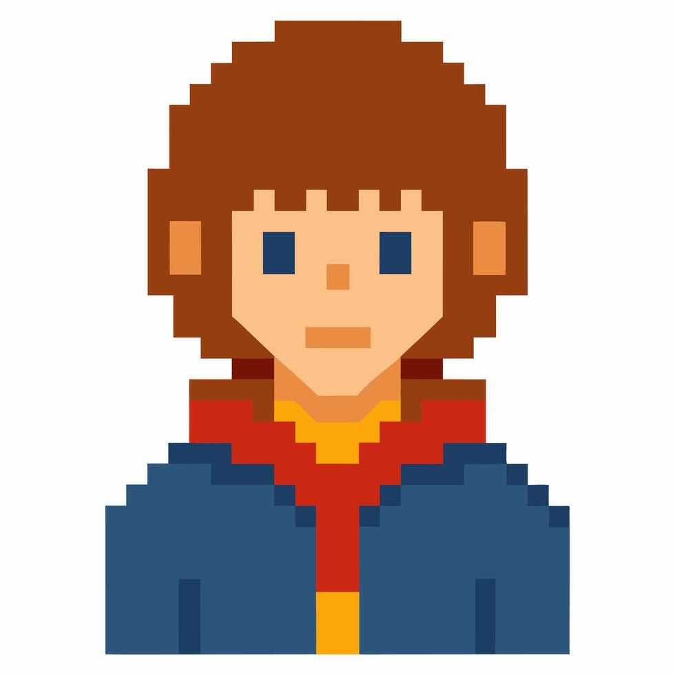 Retro Pixel Art Character with Brown Hair and Blue Jacket on White Background vector