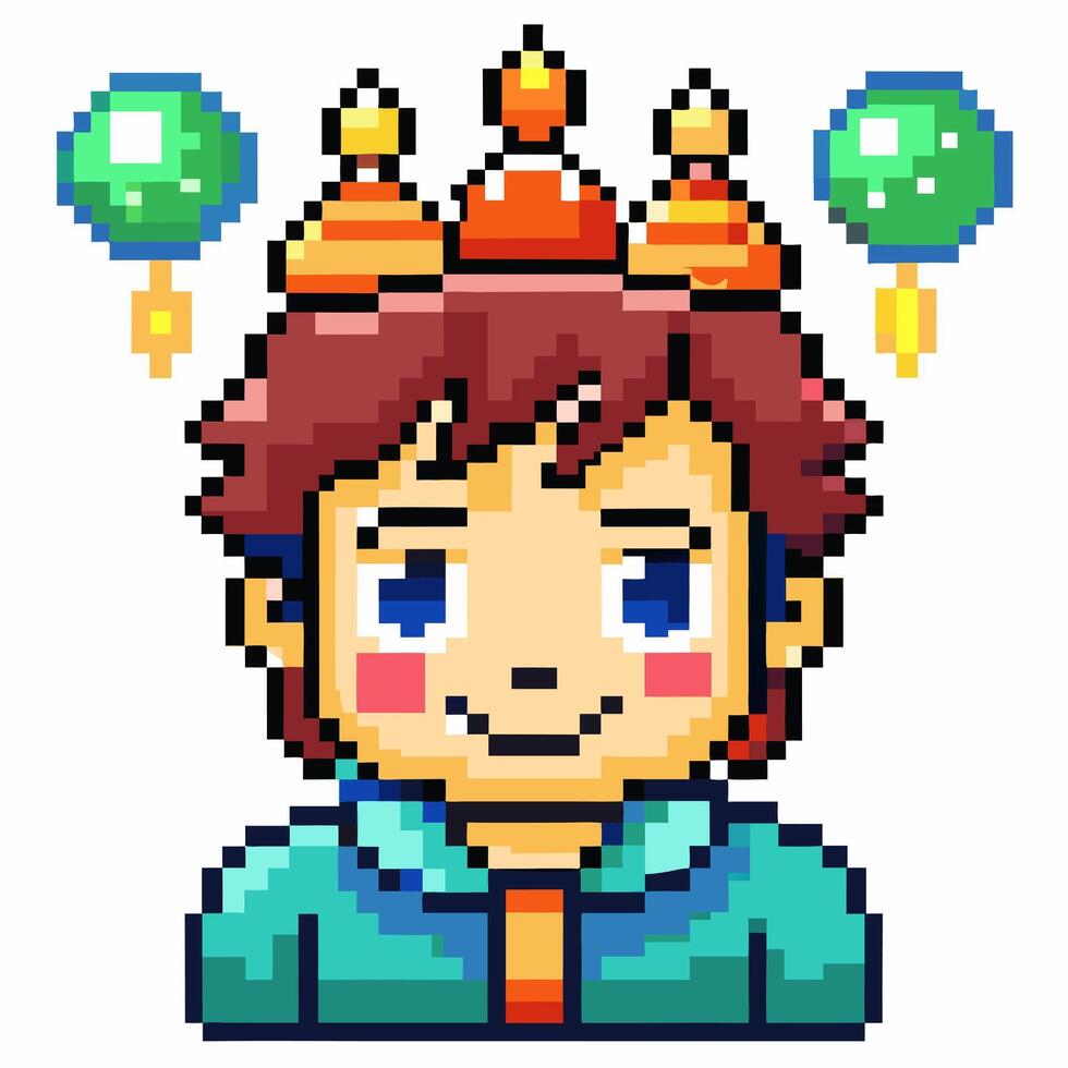 Pixel Art Avatar of a Smiling Boy with Crown and Orbs vector