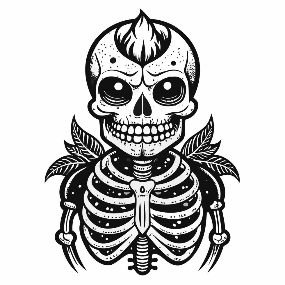 Tattoo Style Skeleton Design with Wings and Mohawk on White Background vector