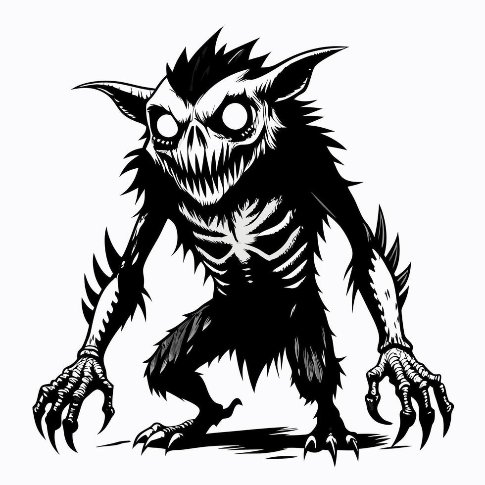 Sinister Goblin Illustration Monochrome Horror Creature with Spiky Features and Glowing Eyes vector