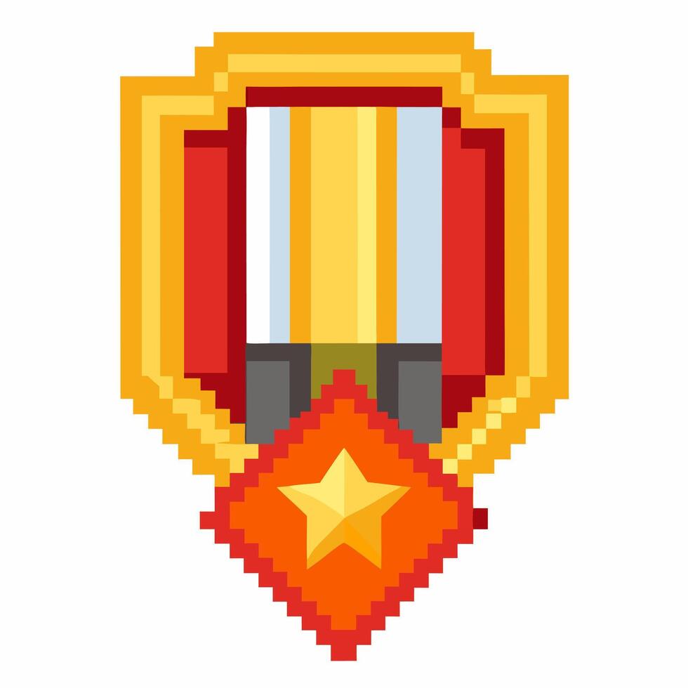 Pixel Art Medal Icon with Gold Star and Ribbon for Games and Achievements vector
