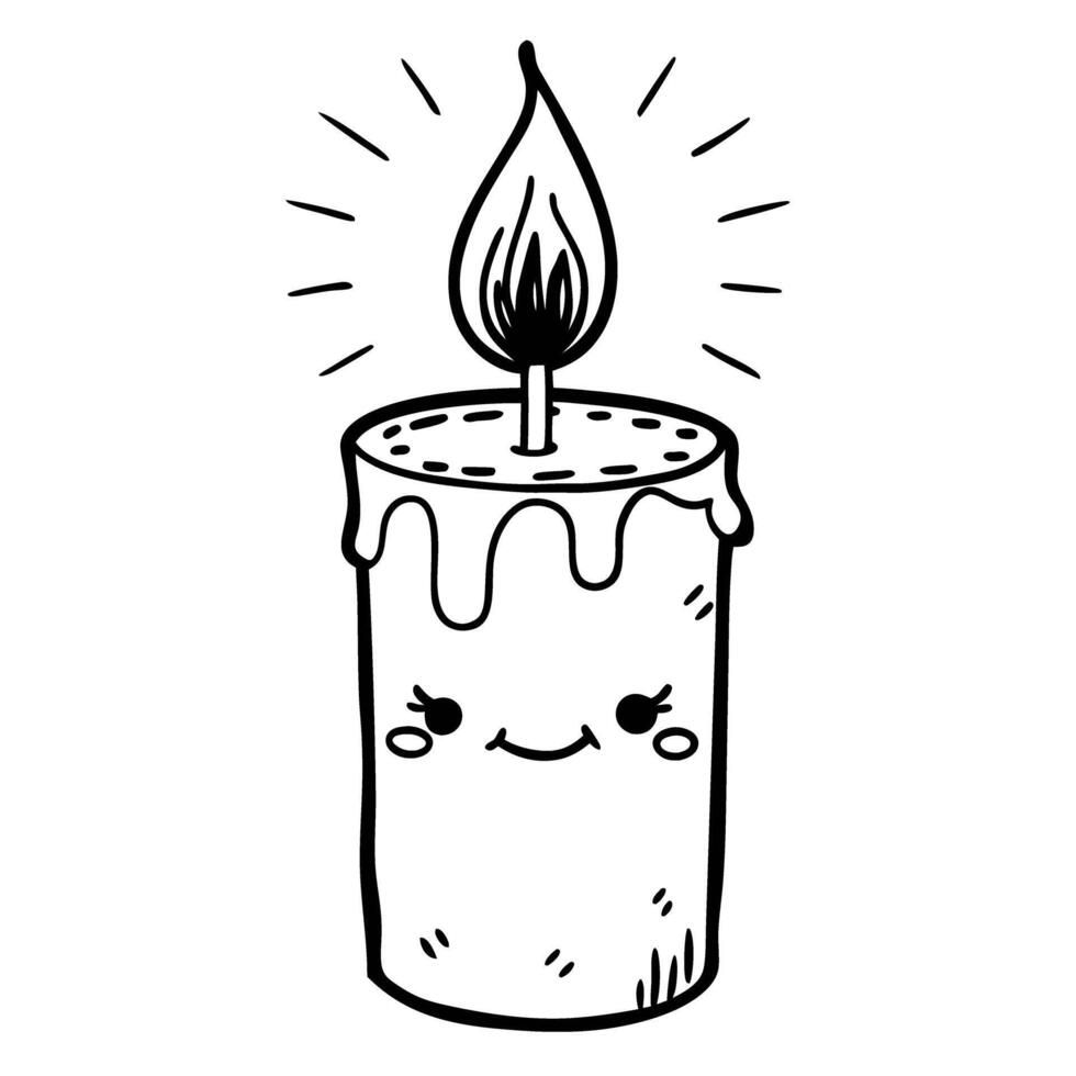 Cute smiling candle with kawaii face and simple line art design, cozy home decor illustration vector