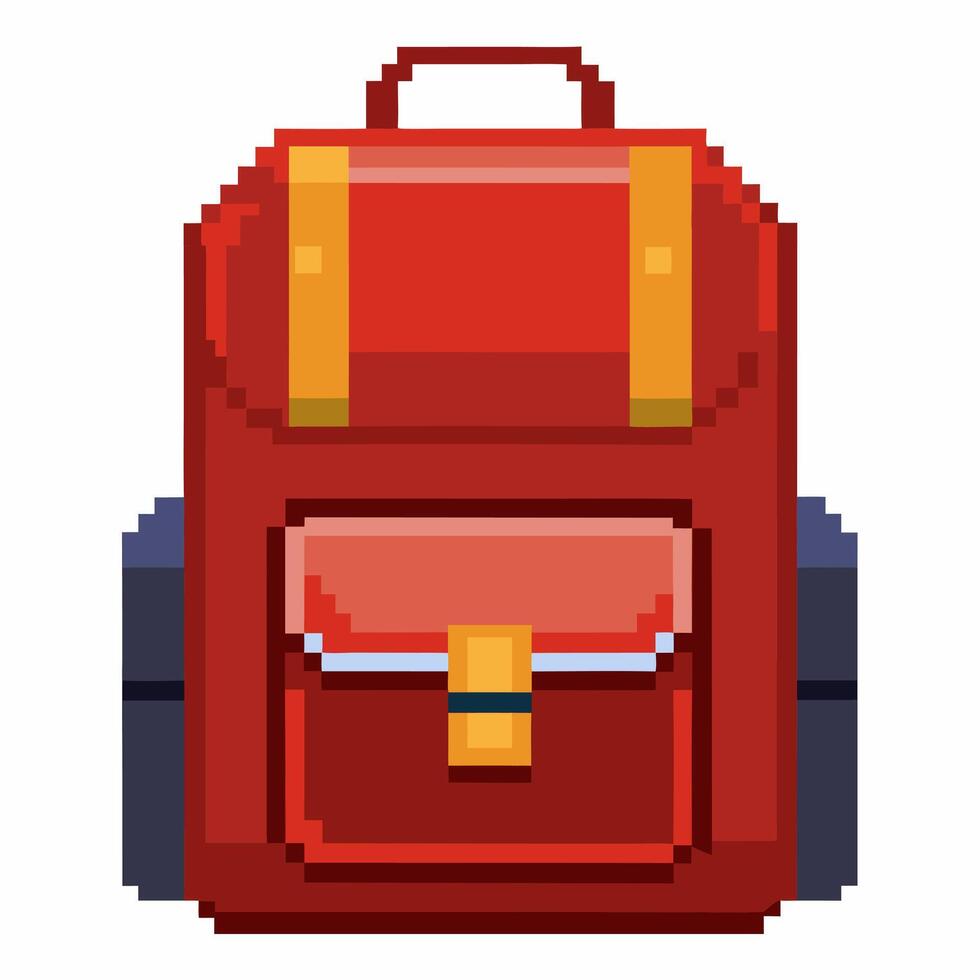 Pixel Art Red Backpack 8 bit Style Digital Illustration with Yellow Straps vector
