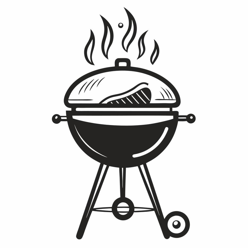 Monochrome Illustration of Outdoor Grill with Steaming Lid and Food vector