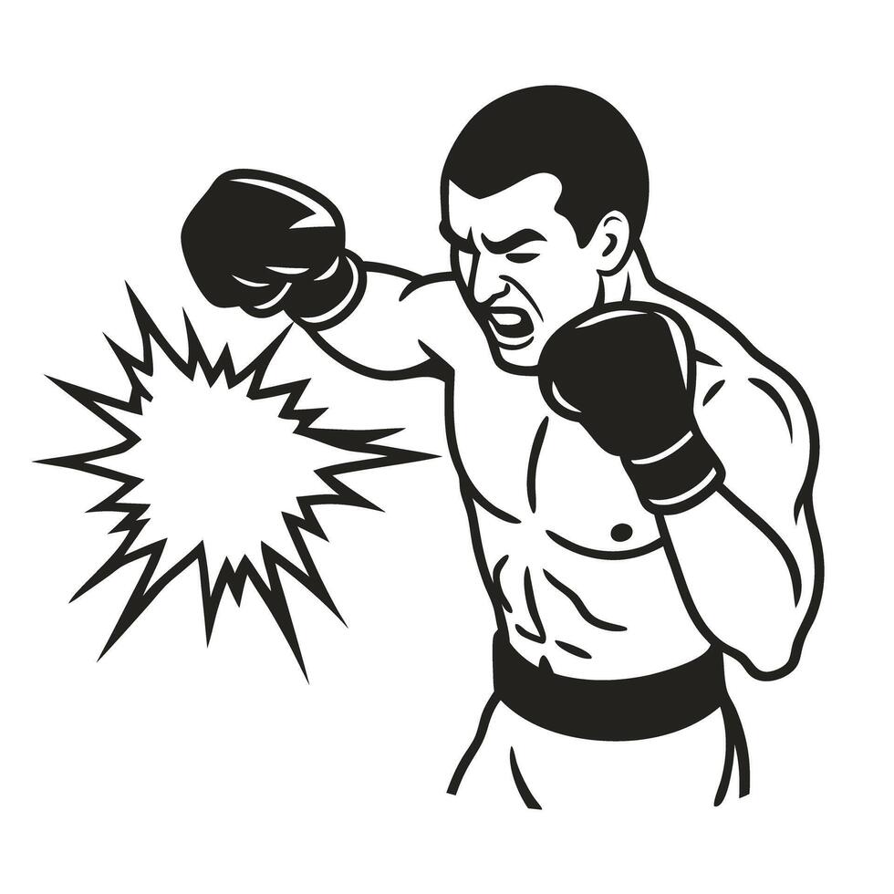 boxer mid punch illustration dynamic sports fighter in action black and white energy burst design vector