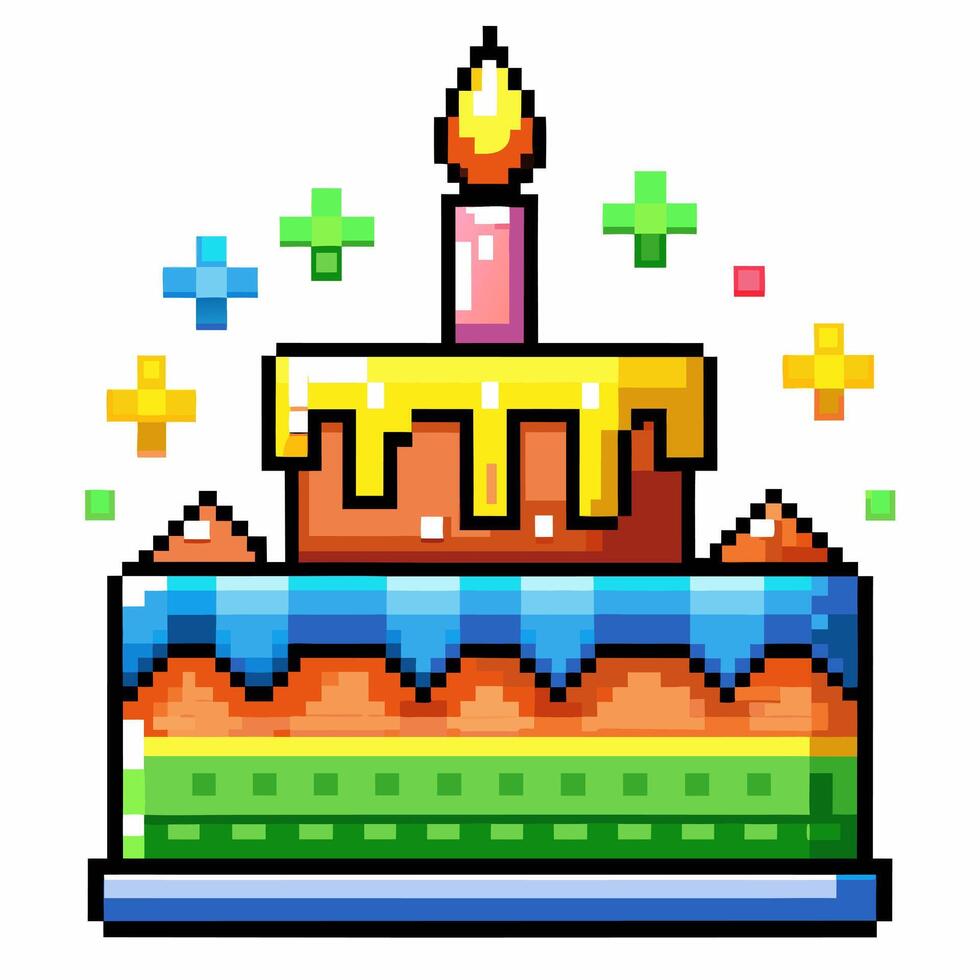 Pixel Art Birthday Cake with Candle and Colorful Decorations Retro Gaming Style Celebration vector