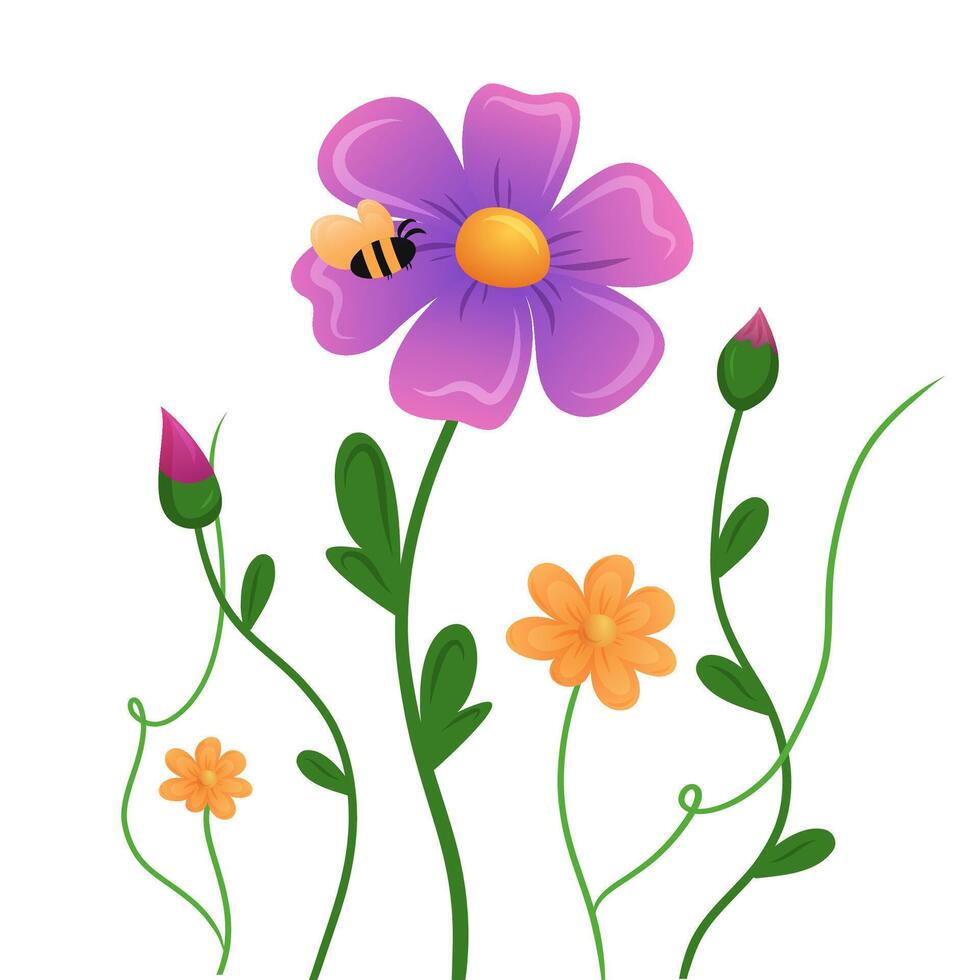 Bright flowers in various colors with a buzzing bee collecting nectar. vector