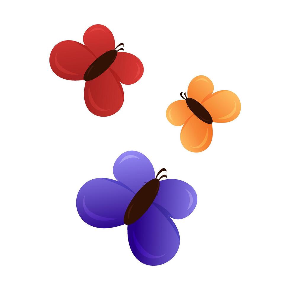 Three butterflies in red, orange, and blue are flying softly. vector