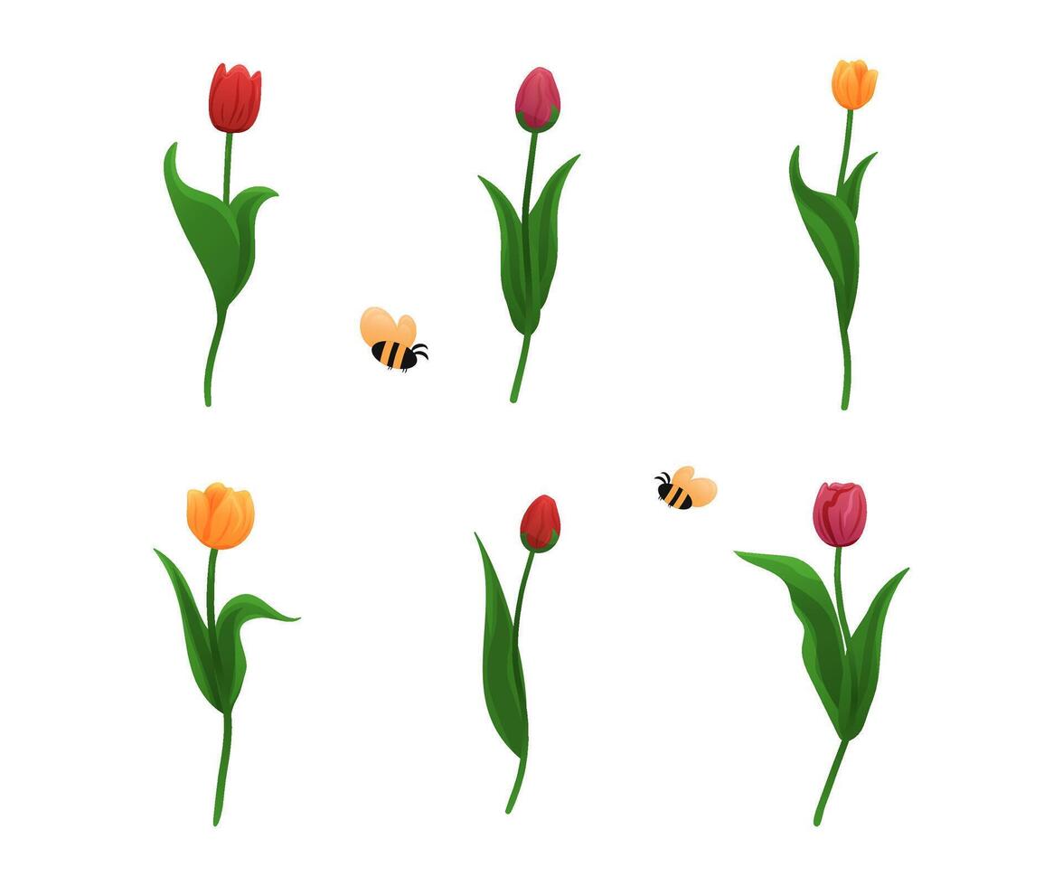 Spring tulips and bees create a vibrant garden in full bloom vector