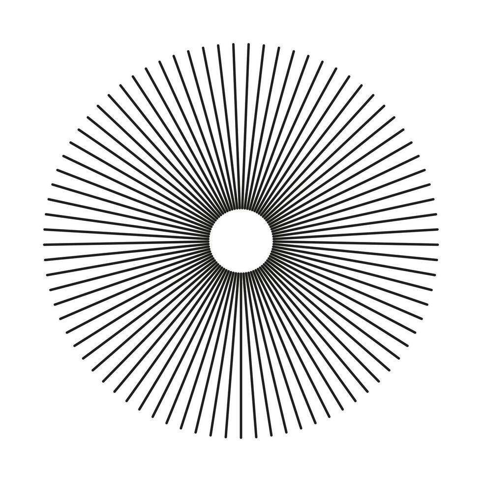 Radial circle lines form. Circular lines trendy element. Symbol of Sun star rays pattern. Flat design minimalist mockup. Spokes with radiating stripes. Abstract illusion geometric round shape. vector