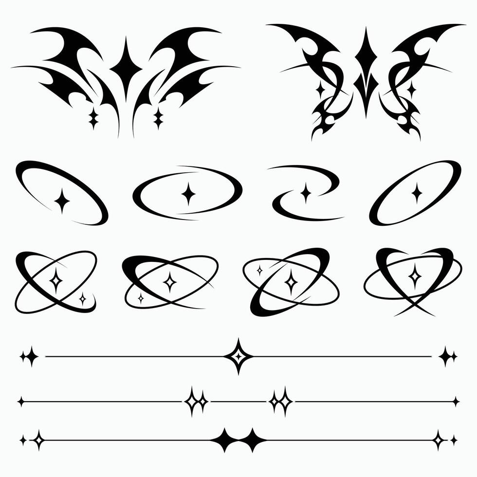 A set of Y2K-inspired tribal and celestial tattoo designs featuring stars, orbits, and sleek futuristic line art vector