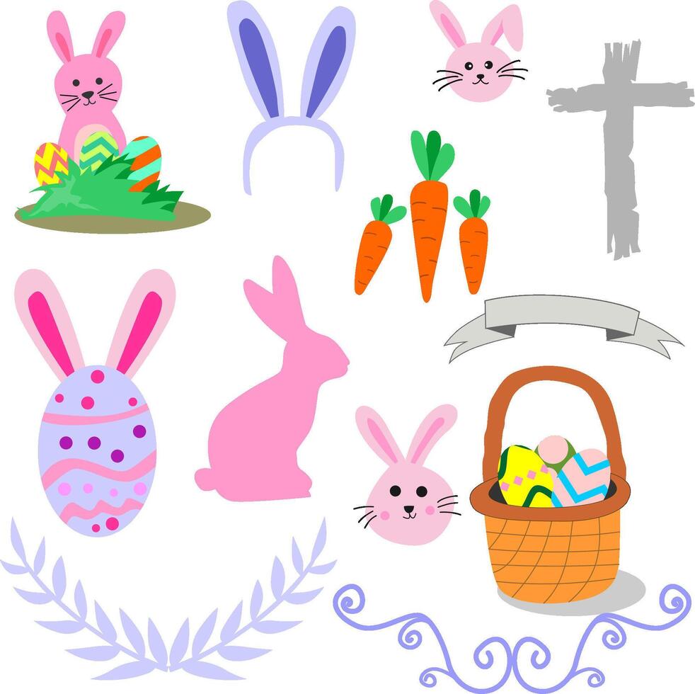 Various easter themed illustrations including bunnies eggs carrots and a basket. vector