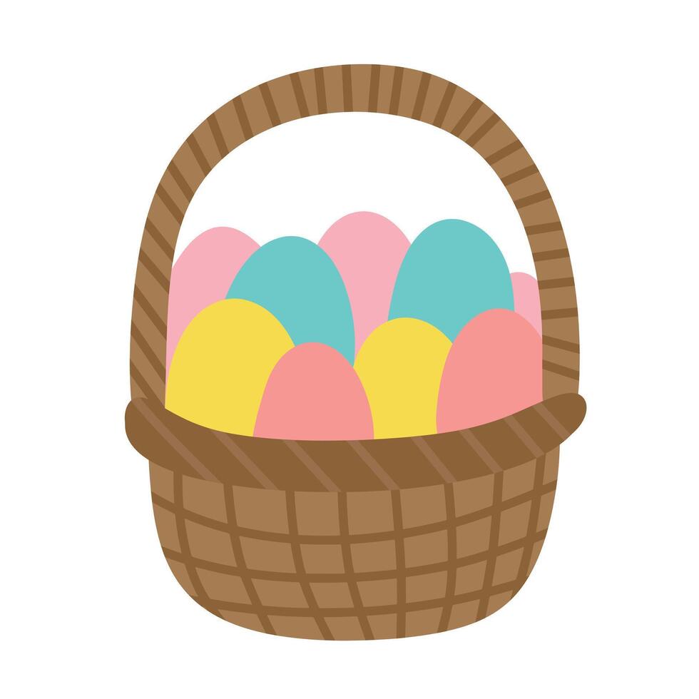 Easter spring basket with colorful eggs. Simple cute illustration in hand drawn naive cartoon doodle style isolated on white background vector