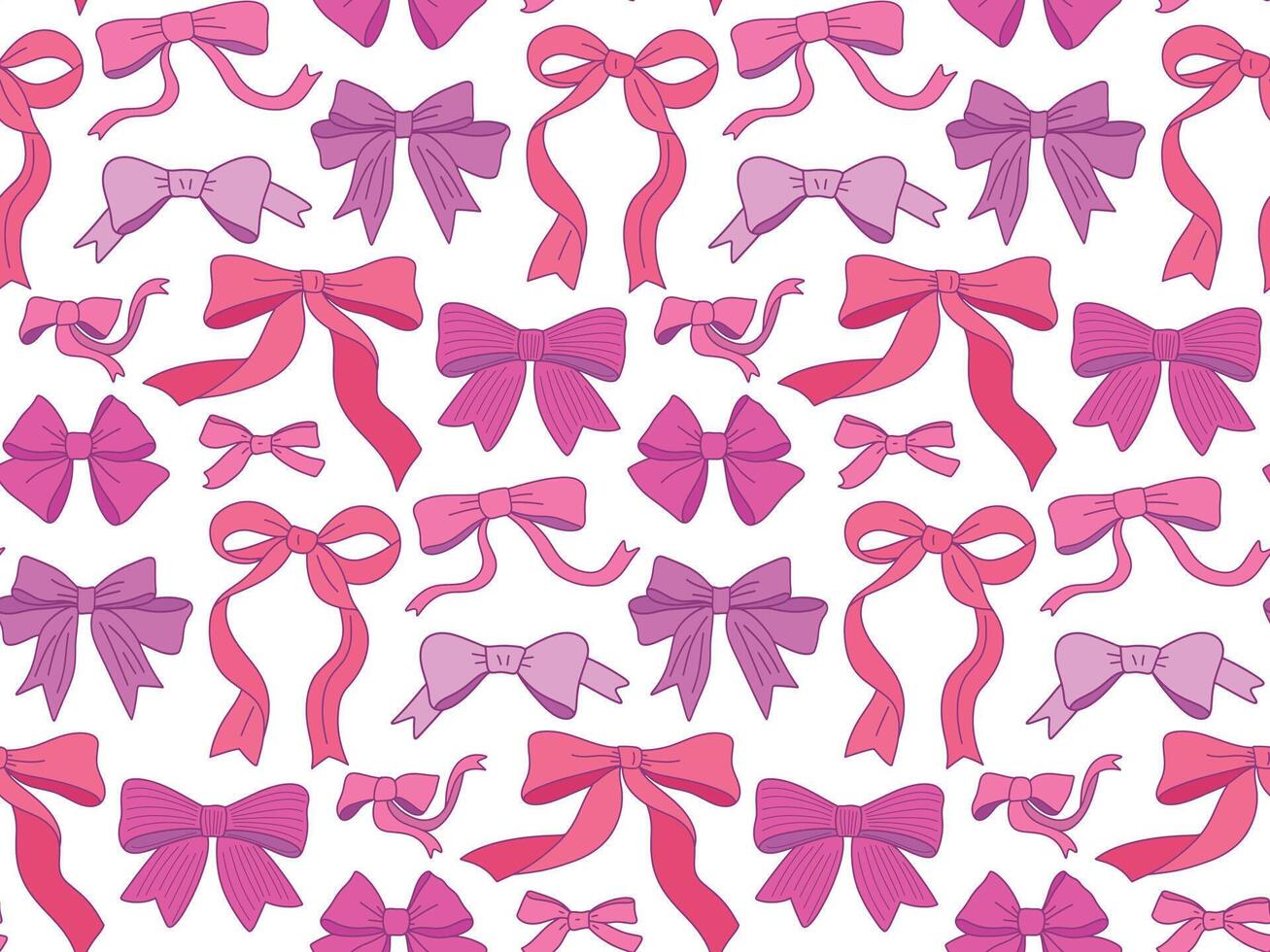 Hand Drawn Pink Ribbon Bows Seamless Pattern Background. Outline Bow Ties Simple Minimalist Coquette Print Wallpaper, Textile Ornament vector