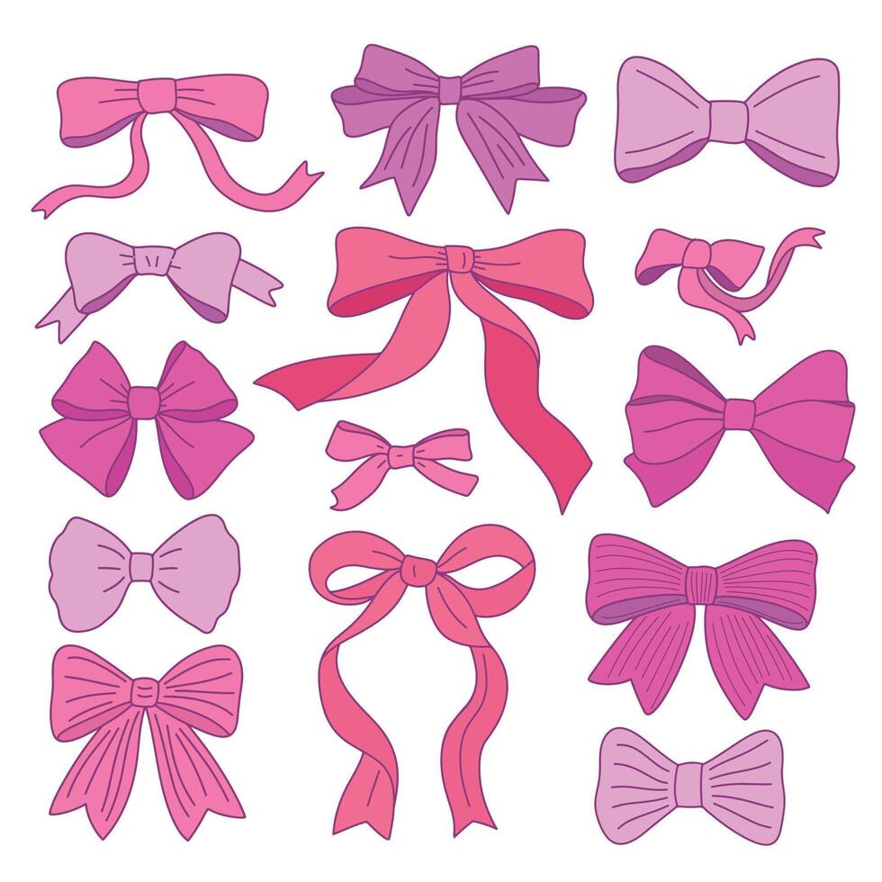 Set of different hand drawn pink ribbon bows. Hand drawn outline bow ties, simple minimalist coquette illustration collection vector