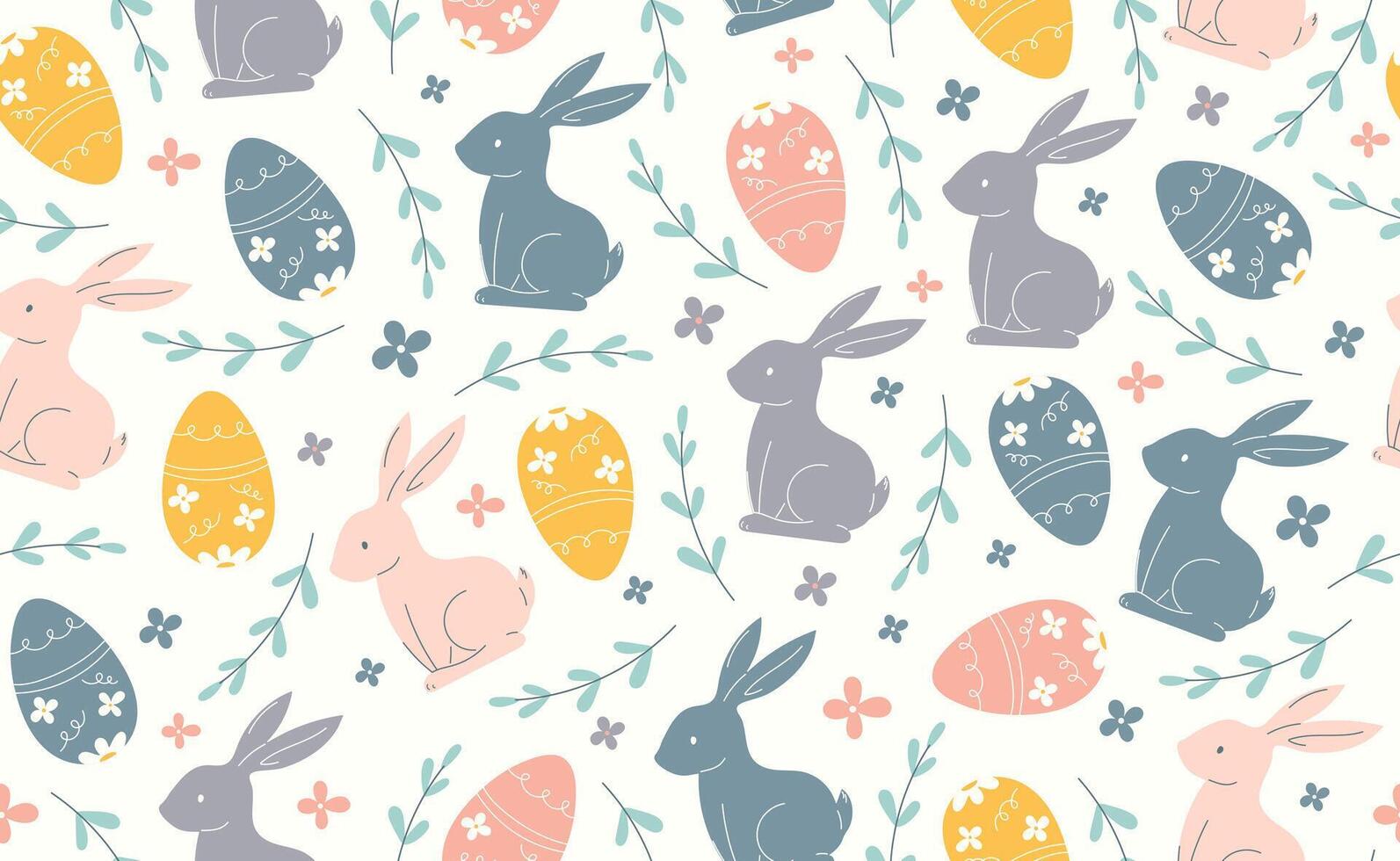 Modern Easter seamless pattern with egg, rabbit, spring flowers. Happy Easter pattern in flat style for background, kids textiles, posters, banners, greeting cards. illustration. vector