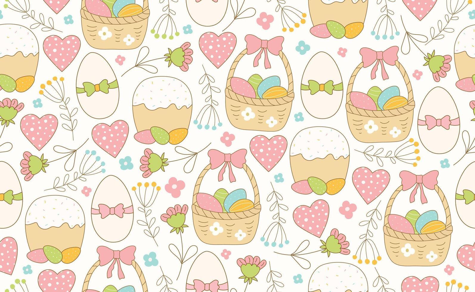 Modern Easter seamless pattern with egg, spring flowers, heart, basket, bow. Happy Easter pattern in flat style for background, kids textiles, posters, banners, greeting cards. illustration vector