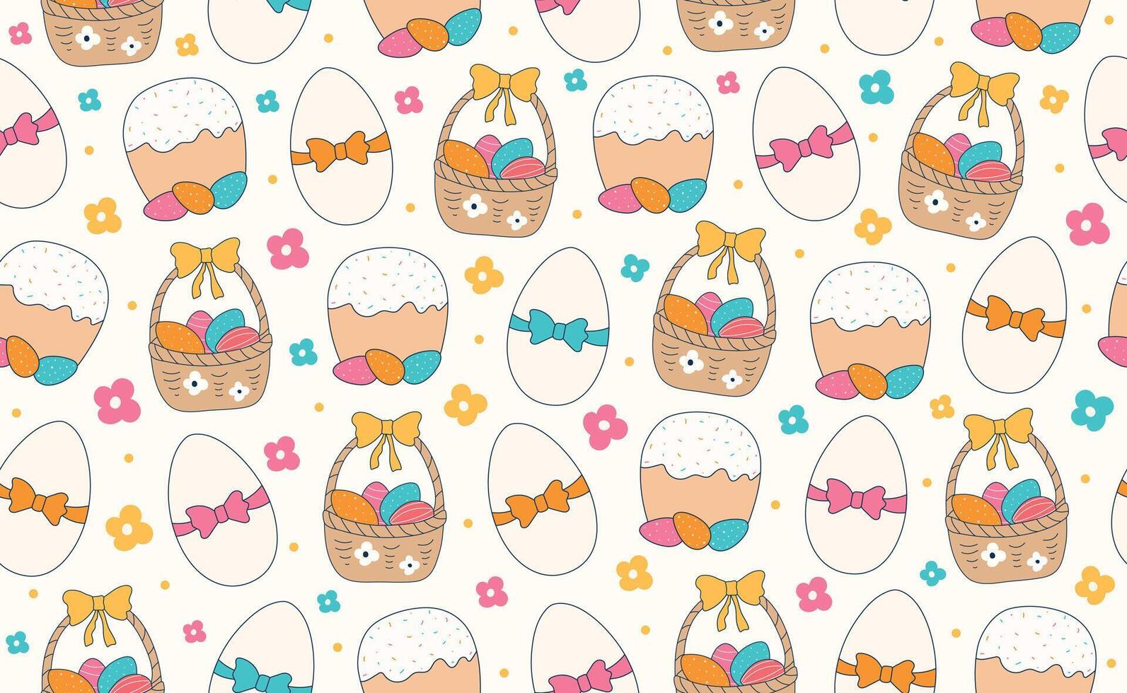 Modern Easter seamless pattern with egg, spring flowers, basket, bow. Happy Easter pattern in flat style for background, kids textiles, posters, banners, greeting cards. illustration. vector