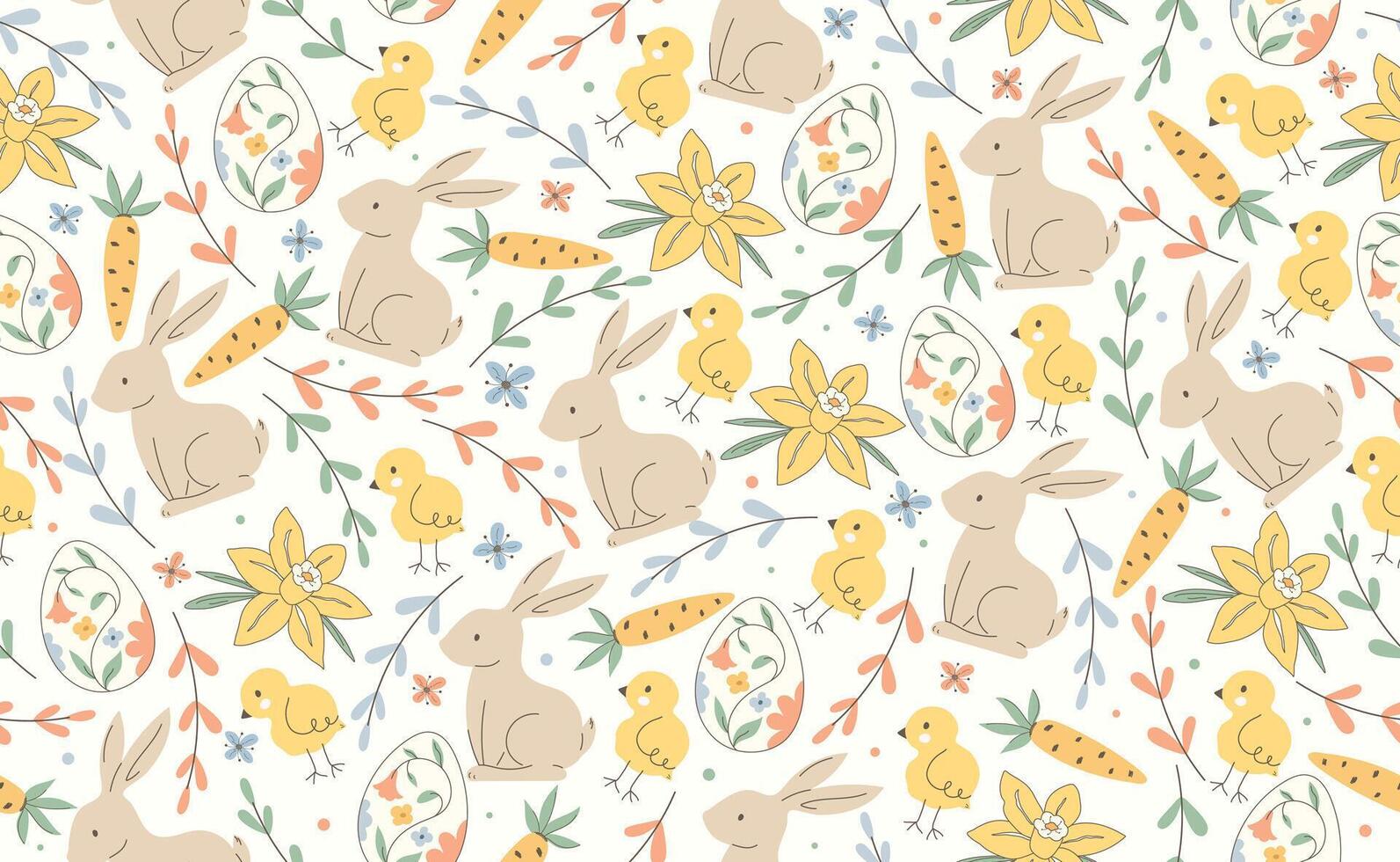 Modern Easter seamless pattern with egg, rabbit, carrot, spring flowers. Happy Easter pattern in flat style for background, kids textiles, posters, banners, greeting cards. illustration vector