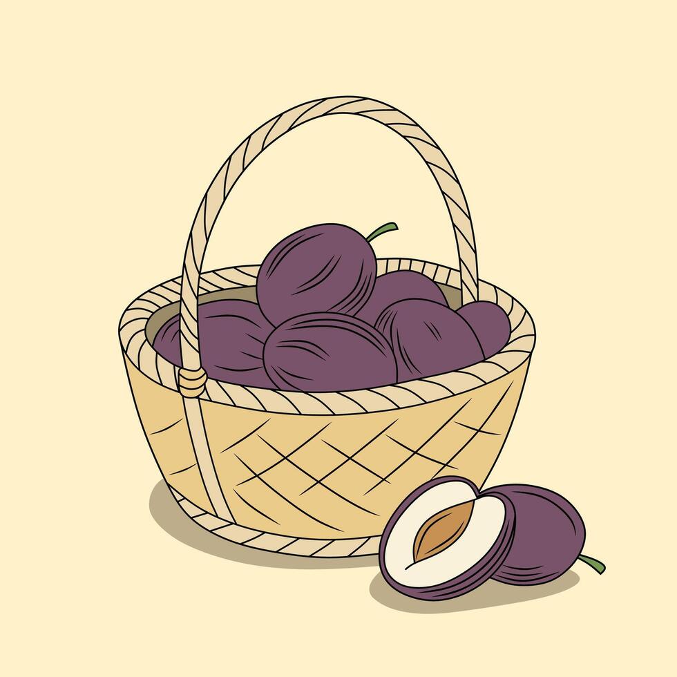 Fresh Plum Fruits in a Basket Illustration vector