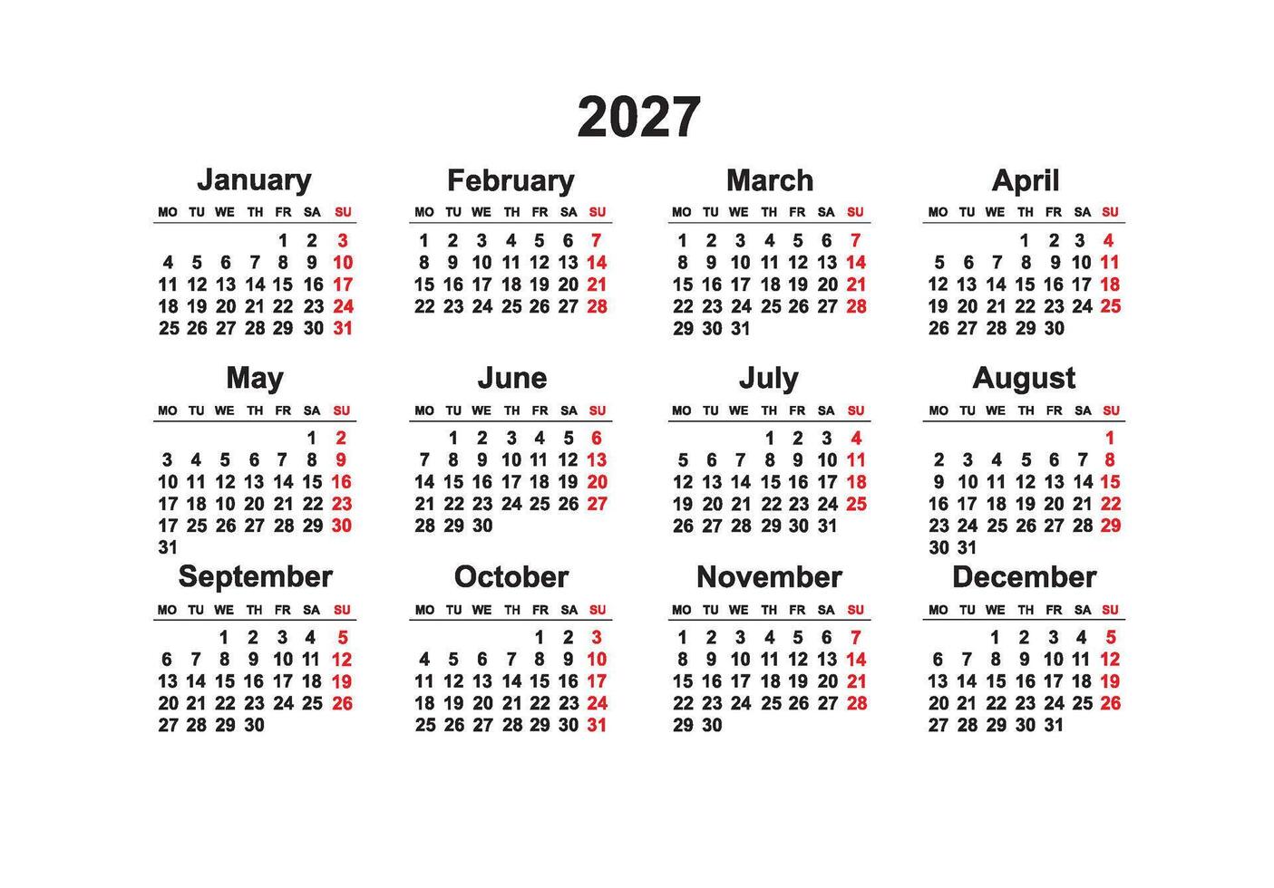 2027 Monday Start Horizontal Black and White Red Calendar Template, Simple layout of pocket or wall calendars. Stationery organizer in minimal design vector