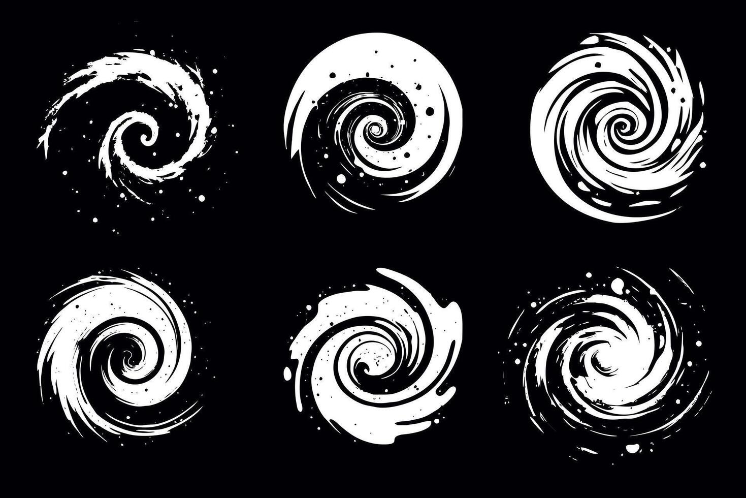 A set of abstract swirls and vortex patterns. Swirling Ink Abstract Design. Image of a galaxy and a cosmic path vector