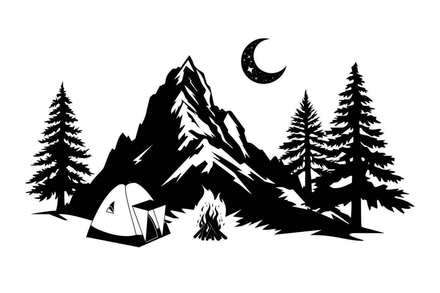 Camping in the Mountains Under the Moonlight with Campfire vector