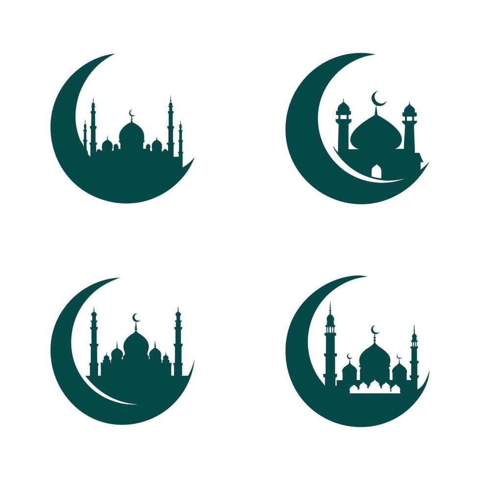 Eid Ramadan Mubarak Icon Set, Islamic Festival, Crescent Moon With Mosque Silhouette. vector