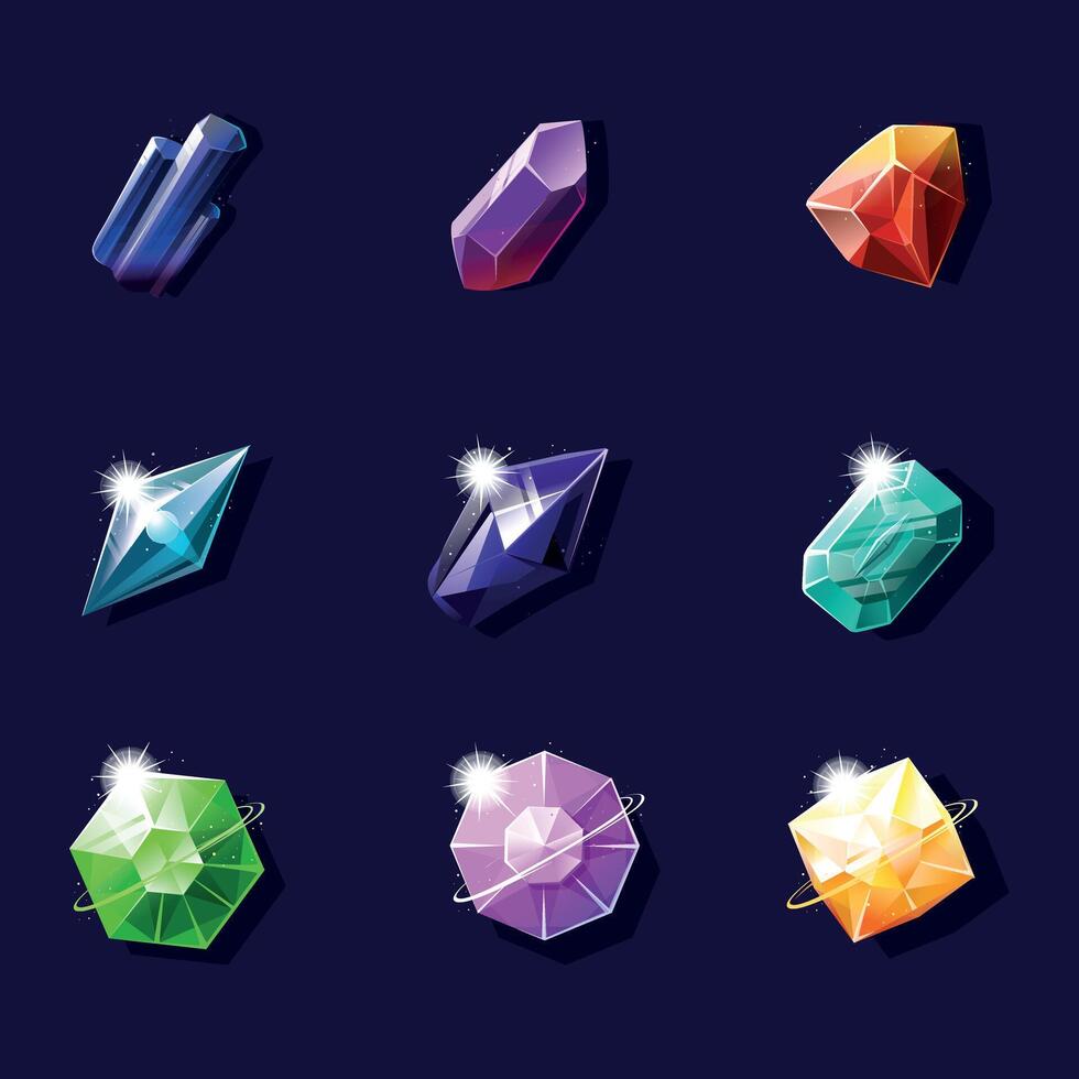 Colorful Precious Gems and Crystals Set on Dark Background vector