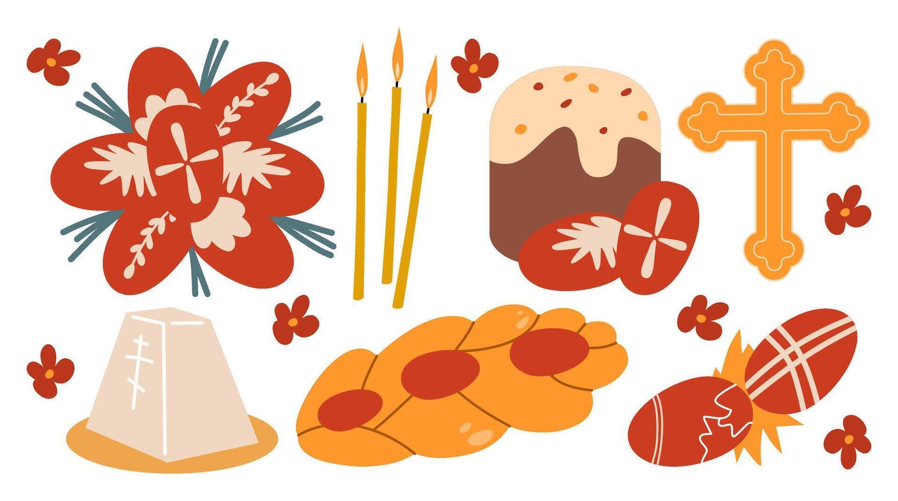 A set of illustrations of Orthodox Easter with bakery cakes with candles and easter colored eggs. vector