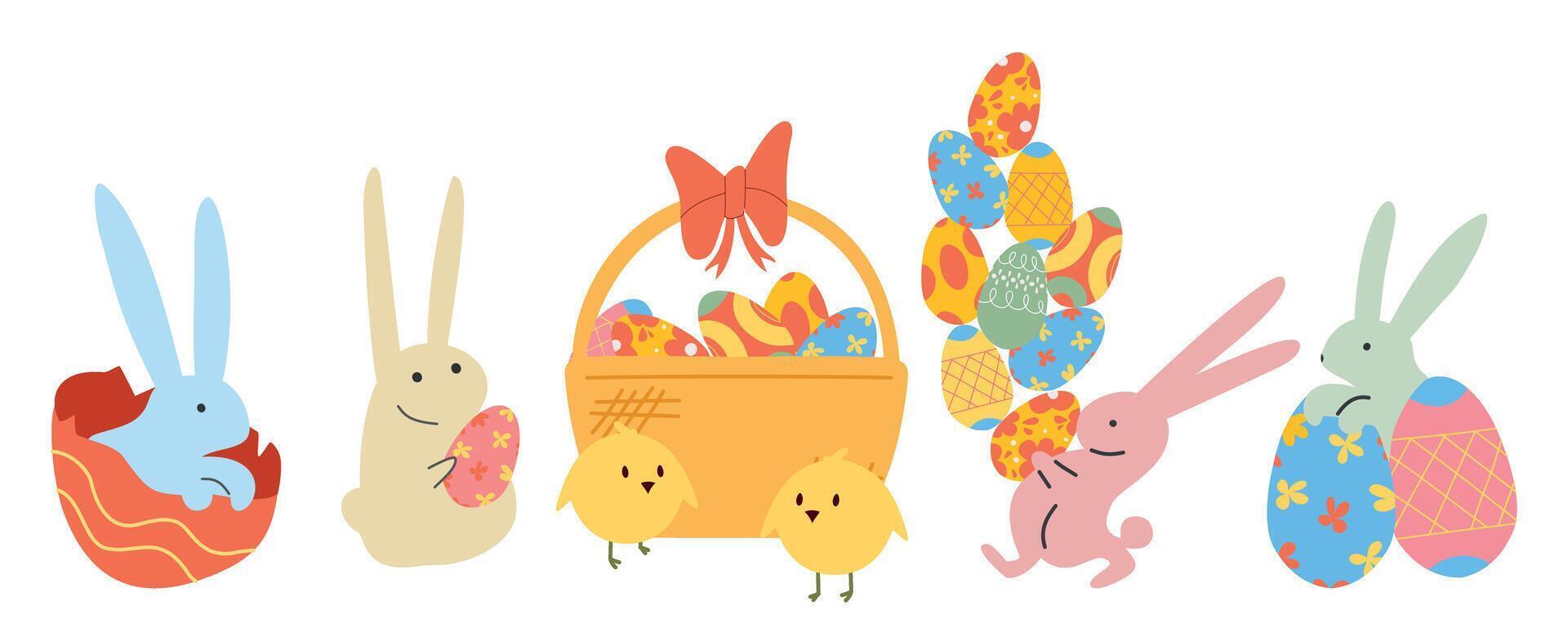 Easter collection of cute cartoon bunnies and chickens. Cute Easter characters with eggs. vector