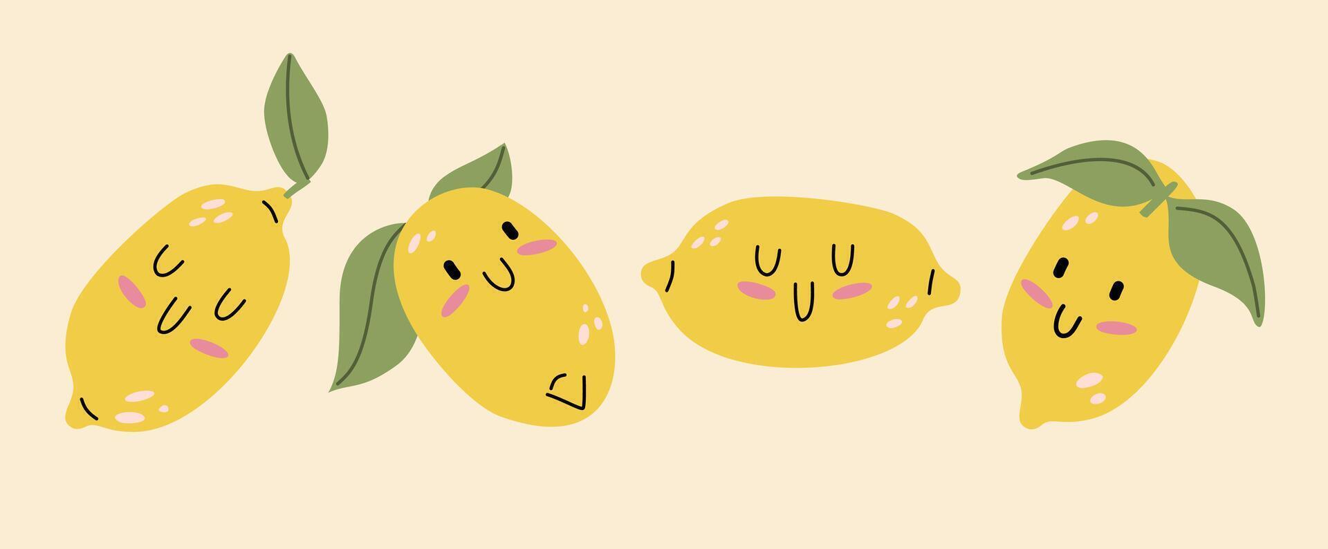 Cute kawaii lemon. The lemons are placed in different positions. vector