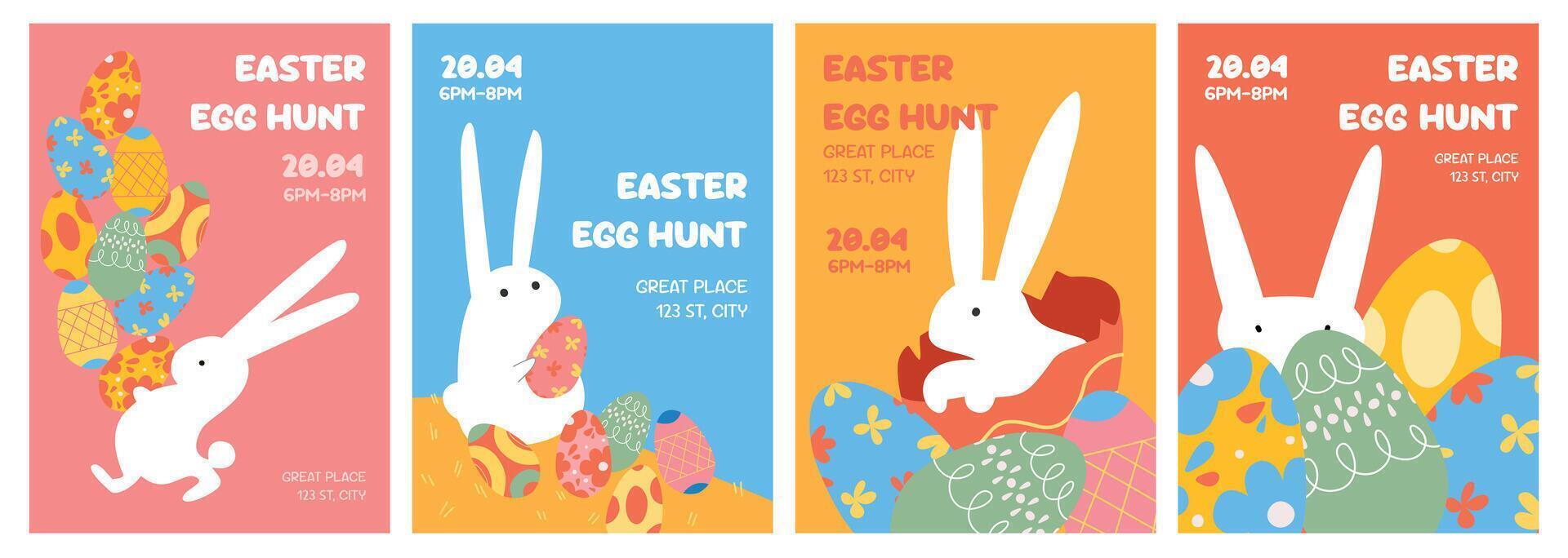 A set of posters or invitations for Easter egg hunt with eggs and cute cartoon rabbits. vector