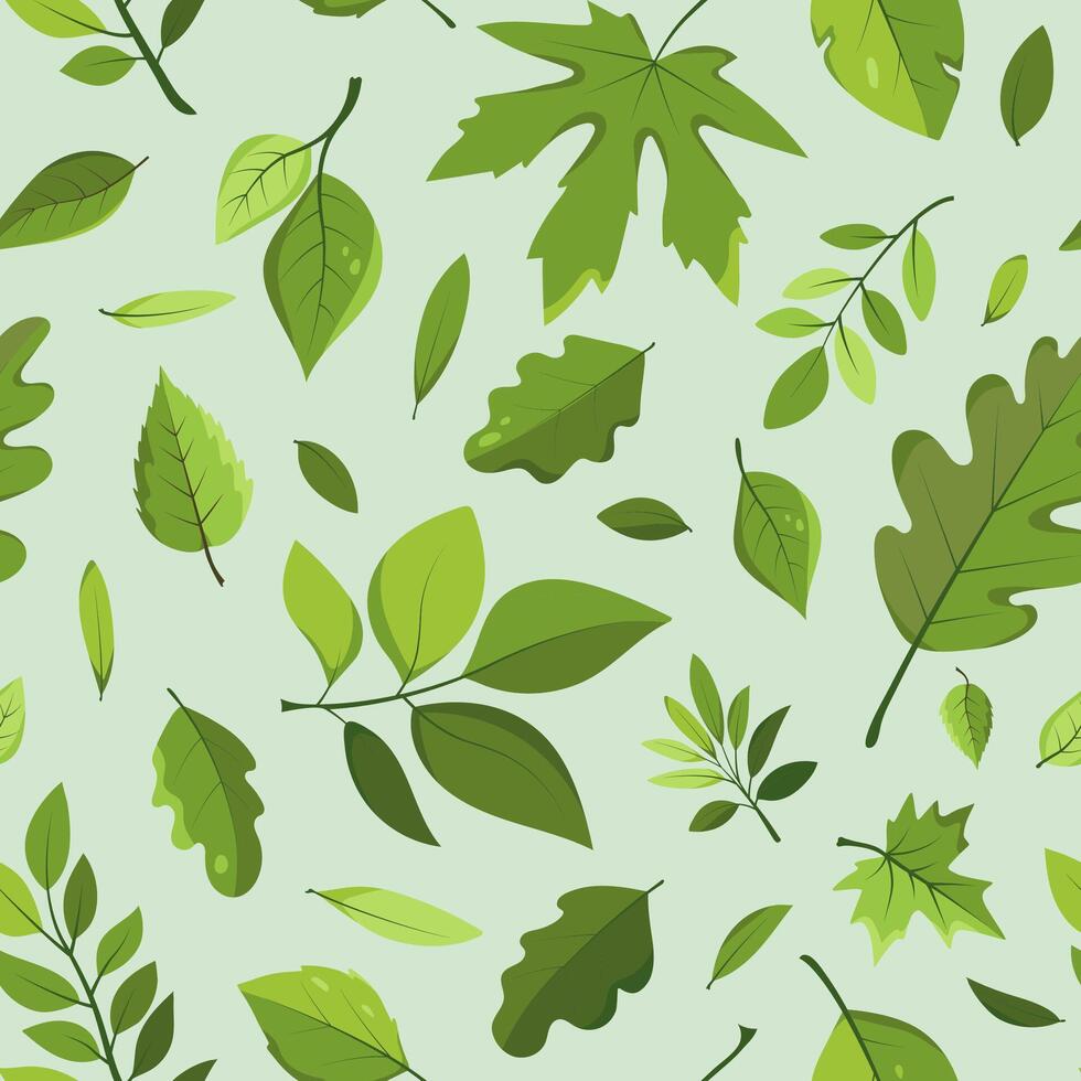 Seamless background with green leaves. Lush foliage pattern with oak and maple leaves for wallpaper, packaging paper, textiles. vector