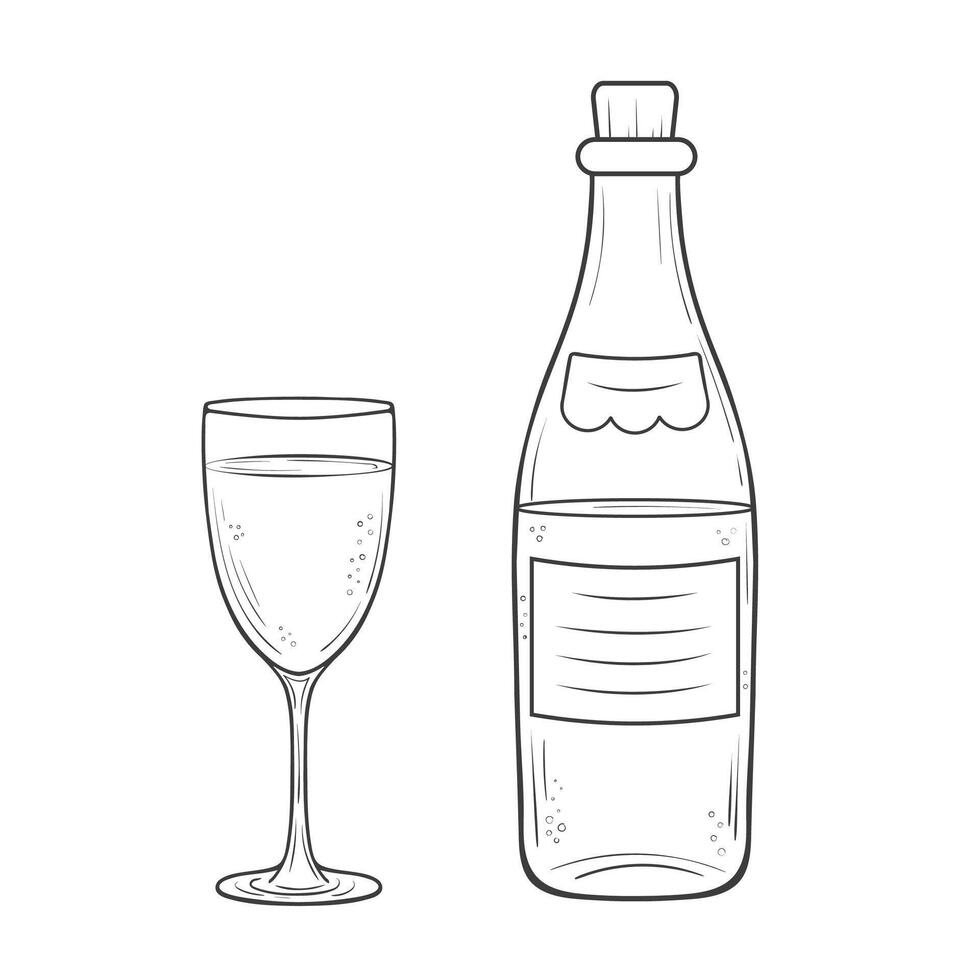 Outlined illustration of a bottle and a flute glass. Hand drawn ink bottle of sparkling wine or champagne and a glass filled with a bubbly beverage vector