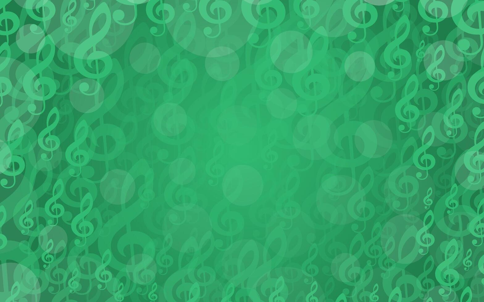 green music background with treble clef. Bokeh backdrop with falling and floating treble clefs and space for text. Musical illustration for design, flyers, posters, awards, scrapbook, covers vector