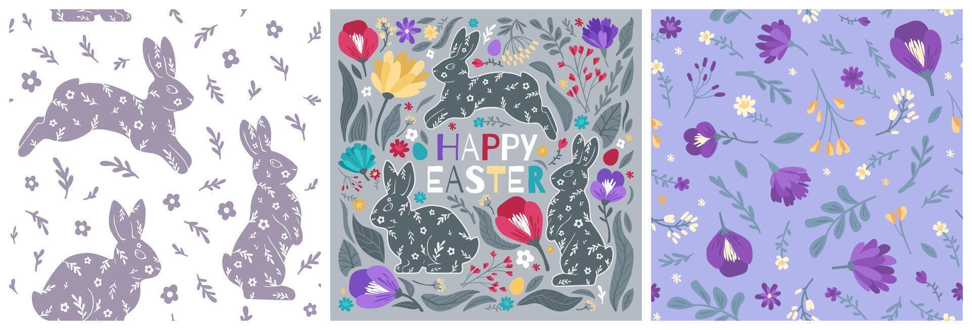 Happy Easter set of Colorful bright modern illustrations with rabbits, eggs, and flowers vector