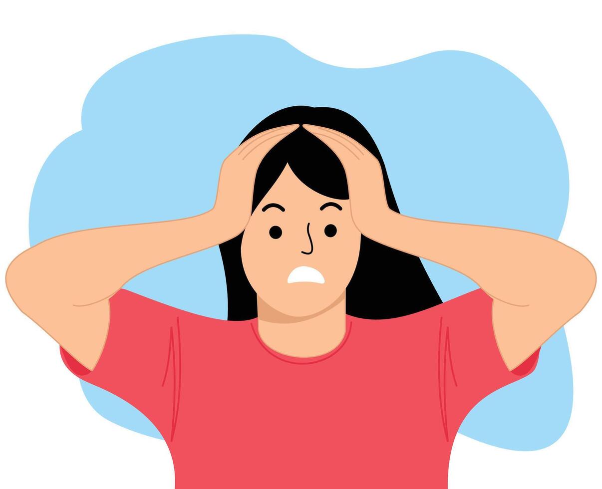 young female holding his head with both hand. shock content. surprised. panic expression vector