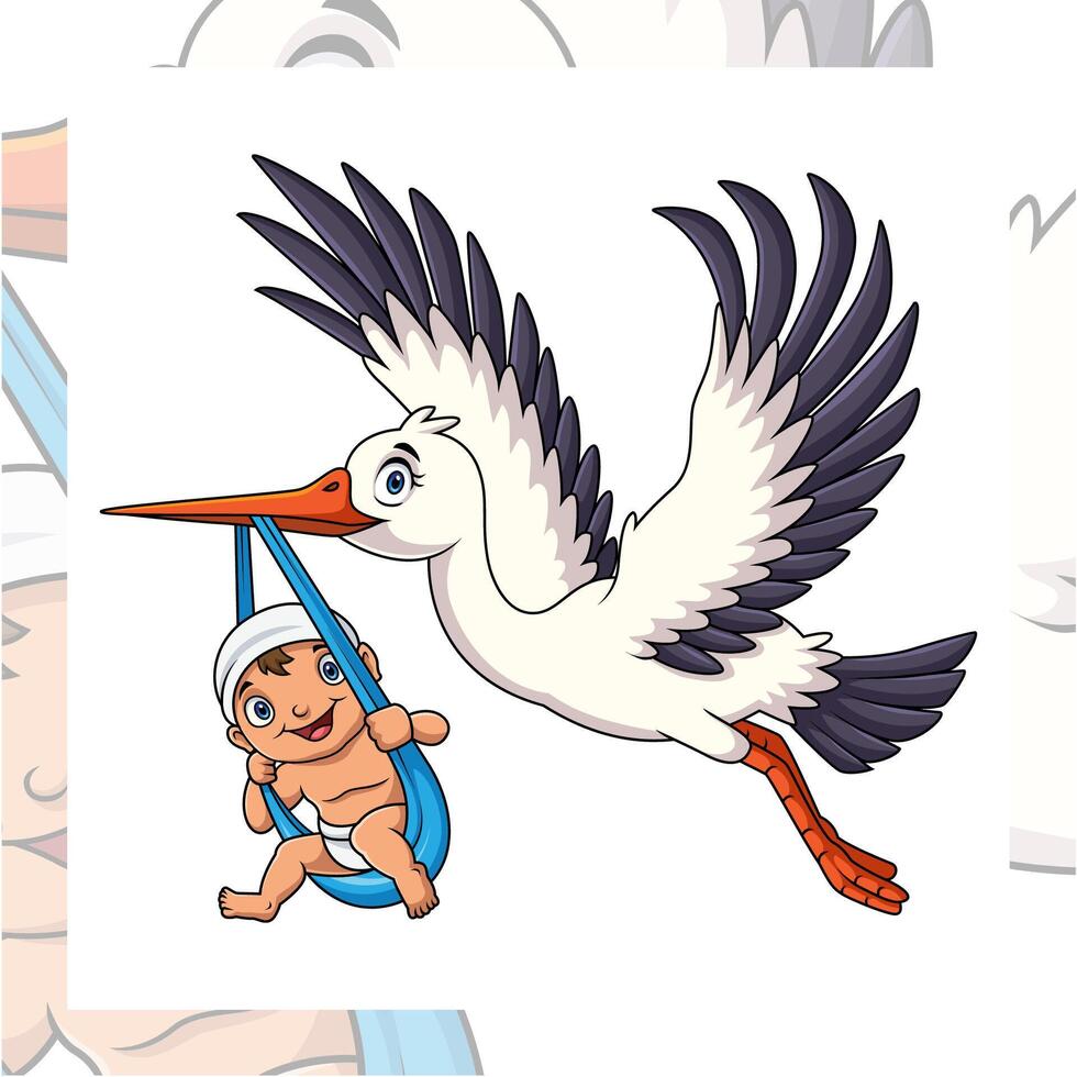 Cartoon bird Stork with baby vector
